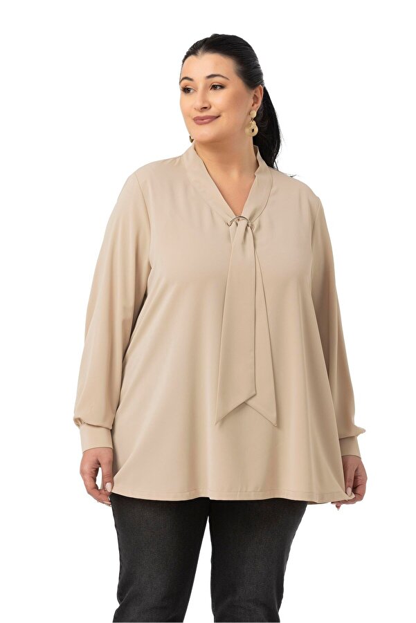 Tie Neck D Buckle-detail Blouse — Beige