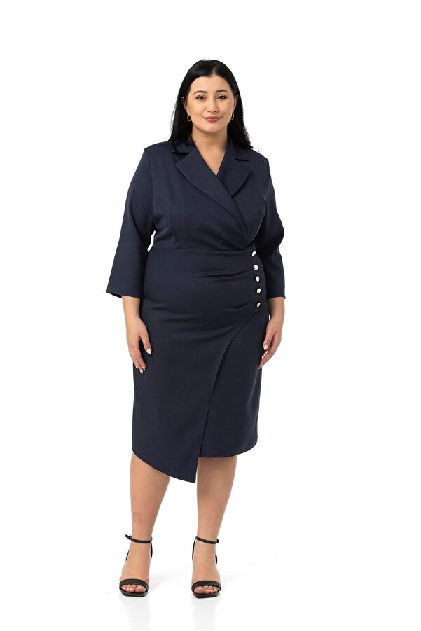 Wrap-front Blazer Collar Decorative Button-detail 3/4 Sleeve Dress — Navy
