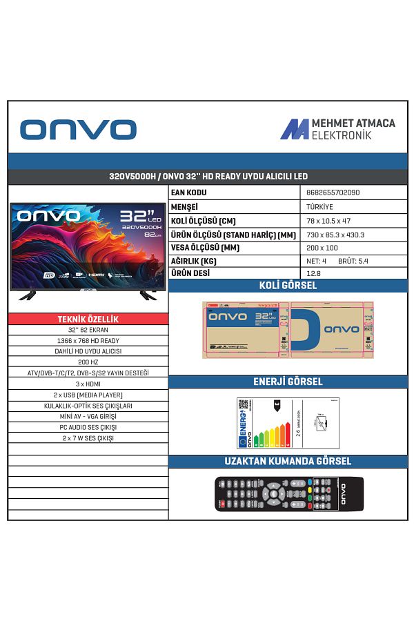 ONVO 32OV5000H 32" 82 Ekran Uydu Alıcılı HD LED TV - Görsel 2