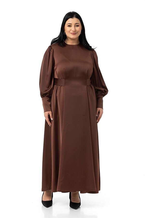 Shirred Sleeve Belt-detail Long Satin Dress — Brown