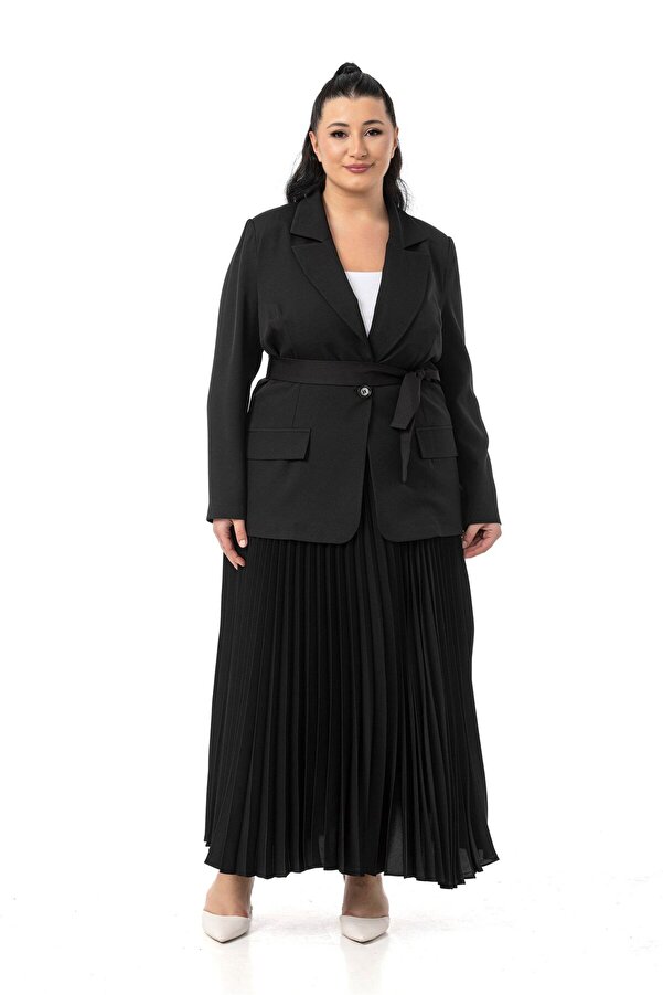 Pleated Skirt Jacket Two-piece Set — Black