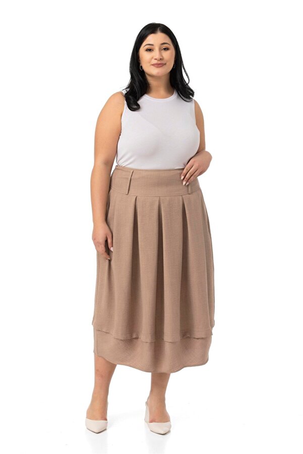 Pleated Balloon Cut Midi Skirt — Mink
