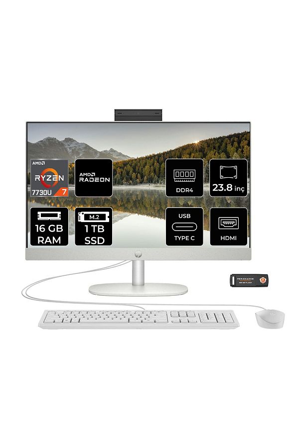 HP ProOne 245 G10 R7 7730U 16GB 1TB SSD 23.8" Full HD IPS FDOS All In One PC & PER4 Bellek