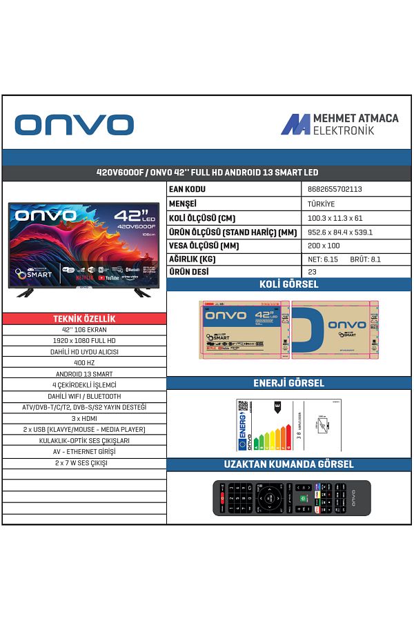 ONVO 42ov6000f Full Hd 42" 106 Ekran Uydu Alıcılı Android Smart Led Tv - Görsel 2