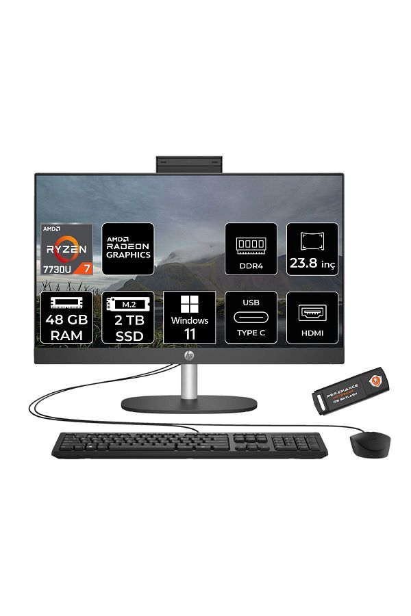 HP ProOne 245 G10 R7 7730U 48GB 2TB SSD 23.8" Full HD IPS W11H All In One PC Siyah & PER4 Bellek