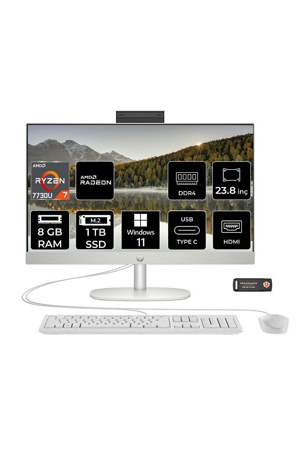 HP ProOne 245 G10 R7 7730U 8GB 1TB SSD 23.8" Full HD IPS W11P All In One PC & PER4 Bellek