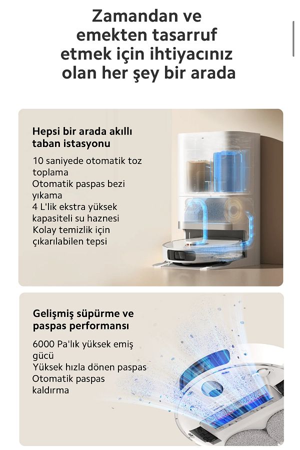 Xiaomi Kendini Temizleyen 6000pa Uyumlu Yüksek Güç Çift Döner Paspaslı Akıllı Robot Süpürge - Görsel 3
