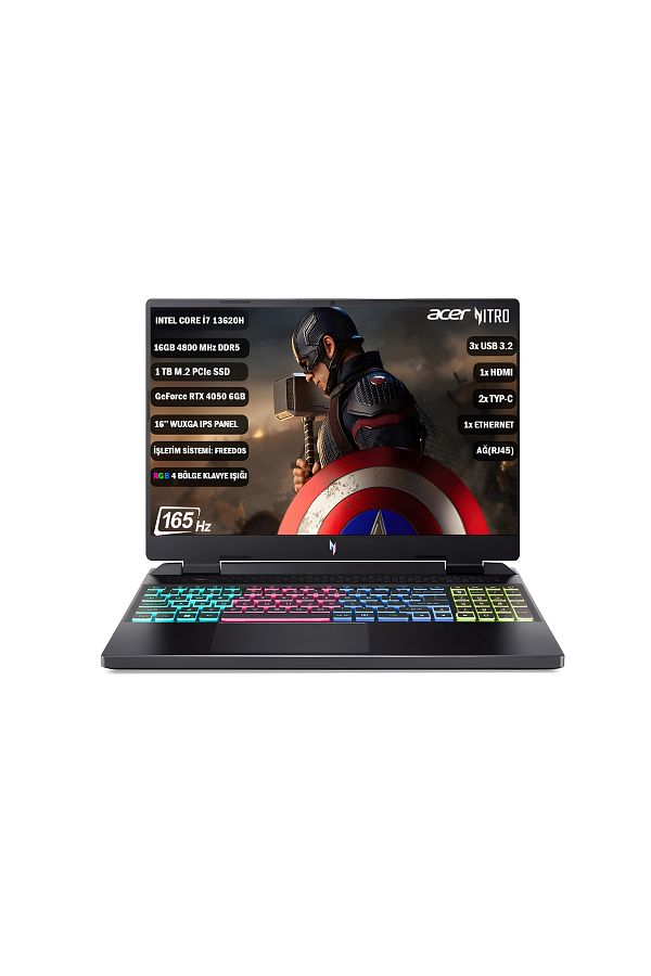 ACER Nitro16 I7-13620h 16 Gb 1tb Ssd Rtx4050-6 Gb 16'' Wuxga Ips 165hz Nvıdıa G-sync Fdos Nh.qjmey.007
