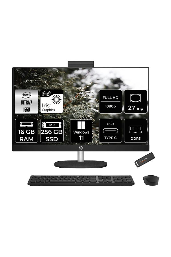 HP 27-CR1013NT Ultra 7 155U 16GB DDR5 256GB SSD Intel Graphics 27" FHD W11H Siyah All in One & PER4
