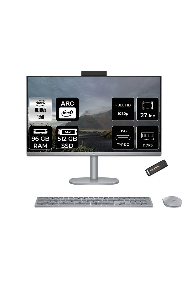 HP OmniStudio Ultra 5 125H 96GB DDR5 512GB SSD Arc Graphics 27" FHD FDOS All in One & PER4 Bellek