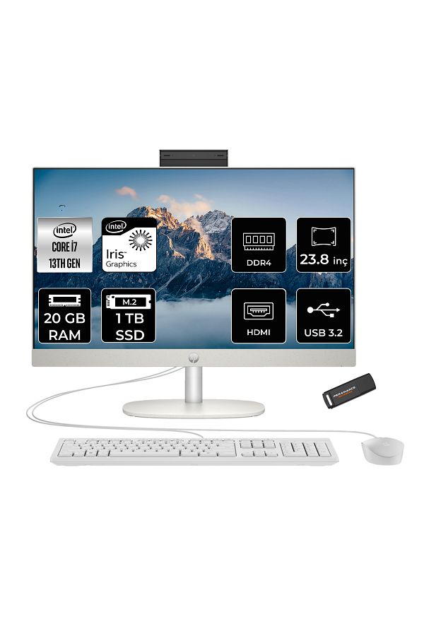 HP ProOne 240 G10 i7 1355U 20GB 1TB SSD Iris Xe Graphics 23.8" FHD FDOS All In One PC Beyaz & PER4