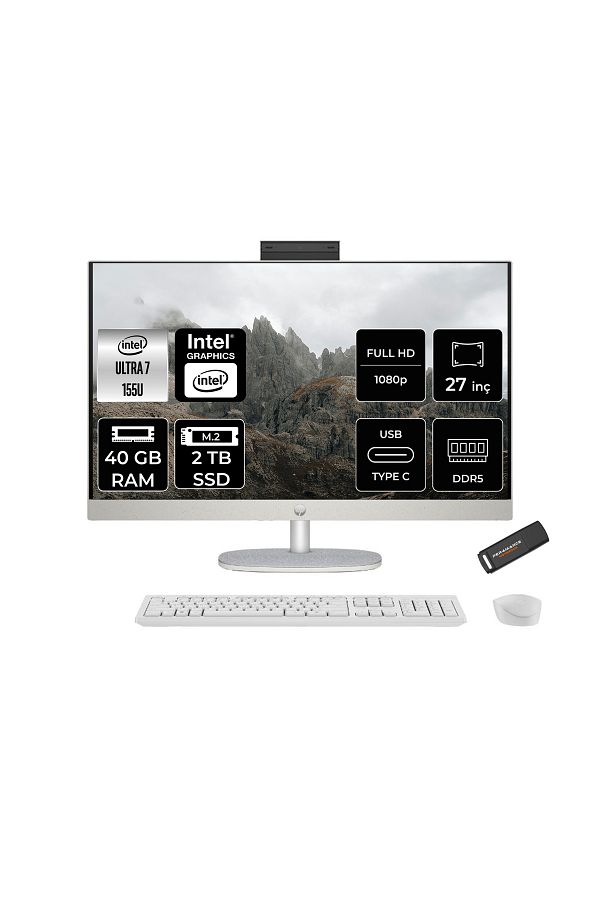 HP 27-CR1021NT Ultra 7 155U 40GB DDR5 2TB SSD Intel Graphics 27" FHD FDOS Beyaz All in One & PER4