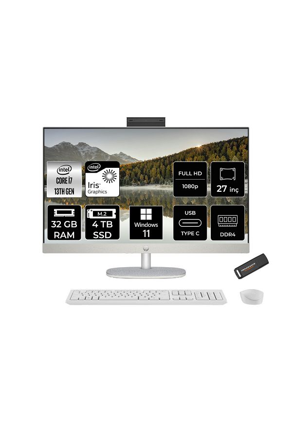 HP 27-CR0004NT i7 1355U 32GB 4TB SSD Intel Graphics 27" FHD IPS W11P All In One PC Beyaz & PER4