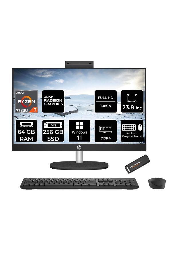 HP 24-CR0013NT R7 7730U 64GB 256GB SSD Radeon Graphics 23.8" FHD IPS W11H All In One PC Siyah & PER4