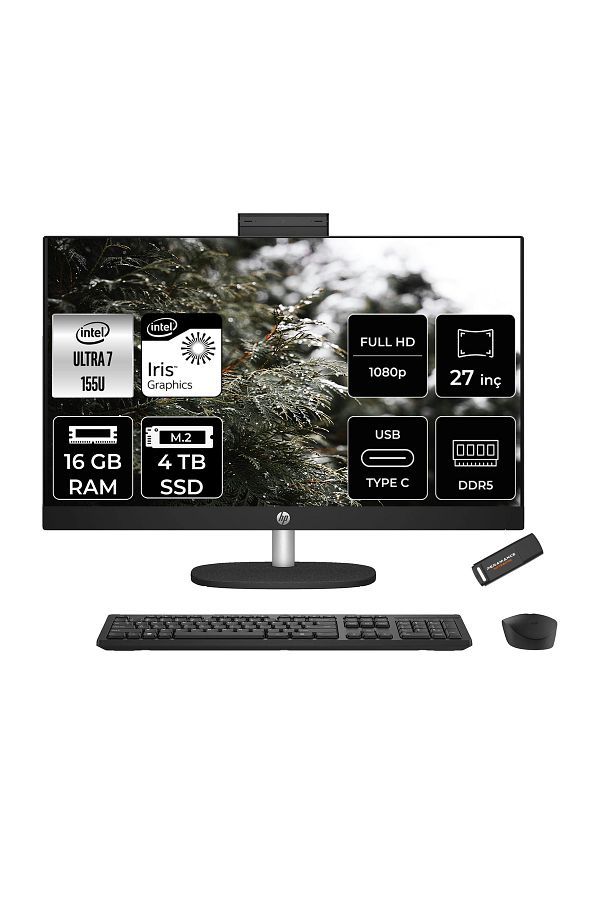 HP 27-CR1013NT Ultra 7 155U 16GB DDR5 4TB SSD Intel Graphics 27" FHD FDOS Siyah All in One & PER4