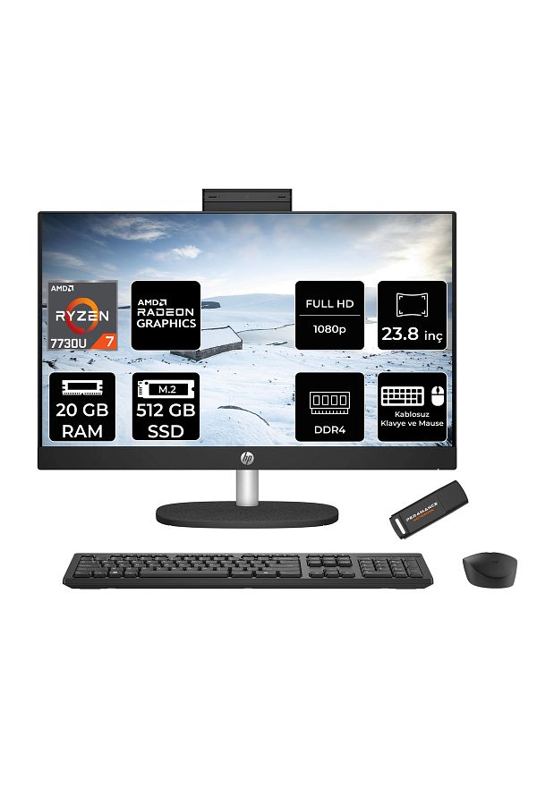 HP 24-CR0013NT R7 7730U 20GB 512GB SSD Radeon Graphics 23.8" FHD IPS FDOS All In One PC Siyah & PER4