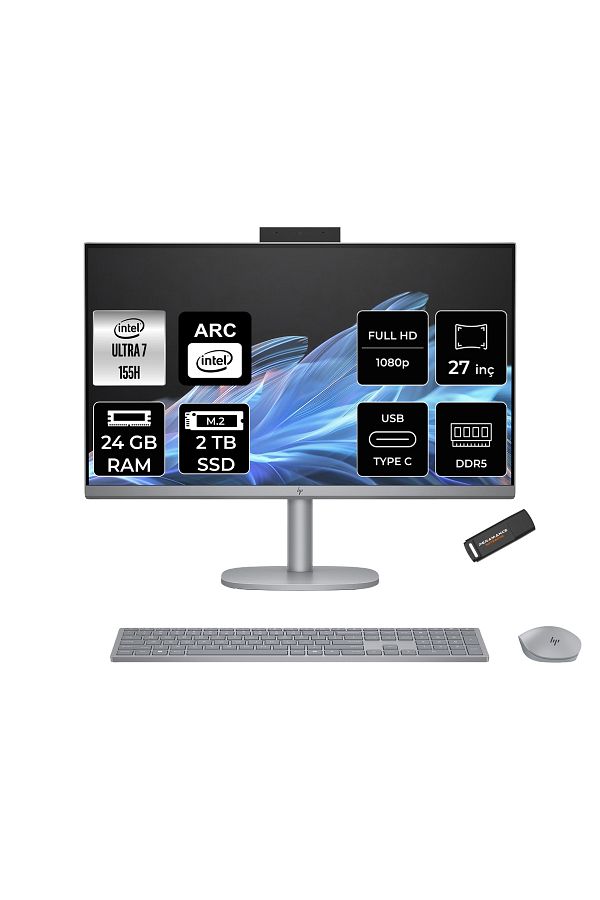HP OmniStudio Ultra 7 155H 24GB DDR5 2TB SSD Arc Graphics 27" FHD FDOS All in One & PER4 Bellek