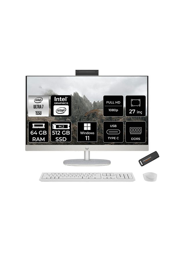 HP 27-CR1021NT Ultra 7 155U 64GB DDR5 512GB SSD Intel Graphics 27" FHD W11H Beyaz All in One & PER4