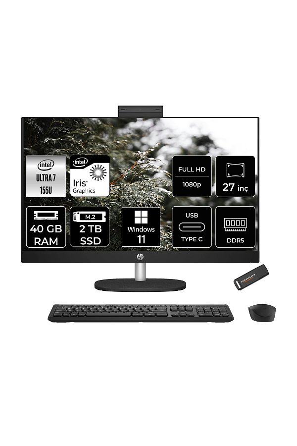 HP 27-CR1013NT Ultra 7 155U 40GB DDR5 2TB SSD Intel Graphics 27" FHD W11P Siyah All in One & PER4