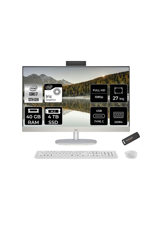 HP 27-CR0004NT i7 1355U 40GB 4TB SSD Intel Graphics 27" FHD IPS FDOS All In One PC Beyaz & PER4