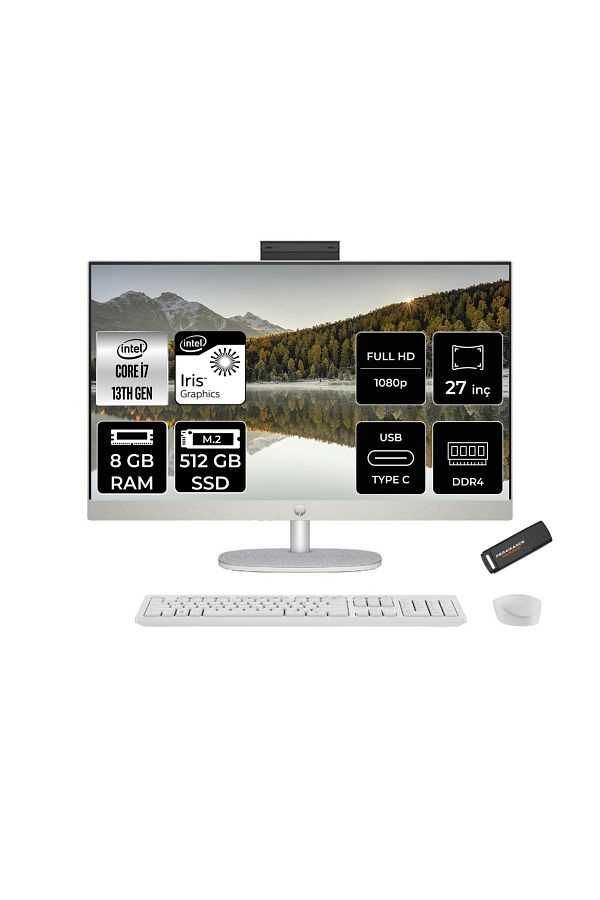 HP 27-CR0004NT i7 1355U 8GB 512GB SSD Intel Graphics 27" FHD IPS FDOS All In One PC Beyaz & PER4