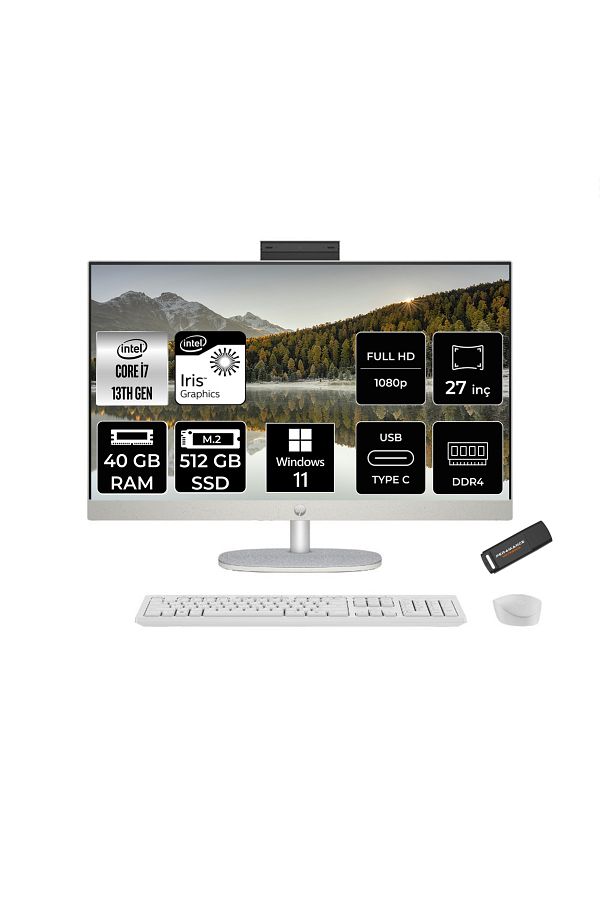 HP 27-CR0004NT i7 1355U 40GB 512GB SSD Intel Graphics 27" FHD IPS W11H All In One PC Beyaz & PER4