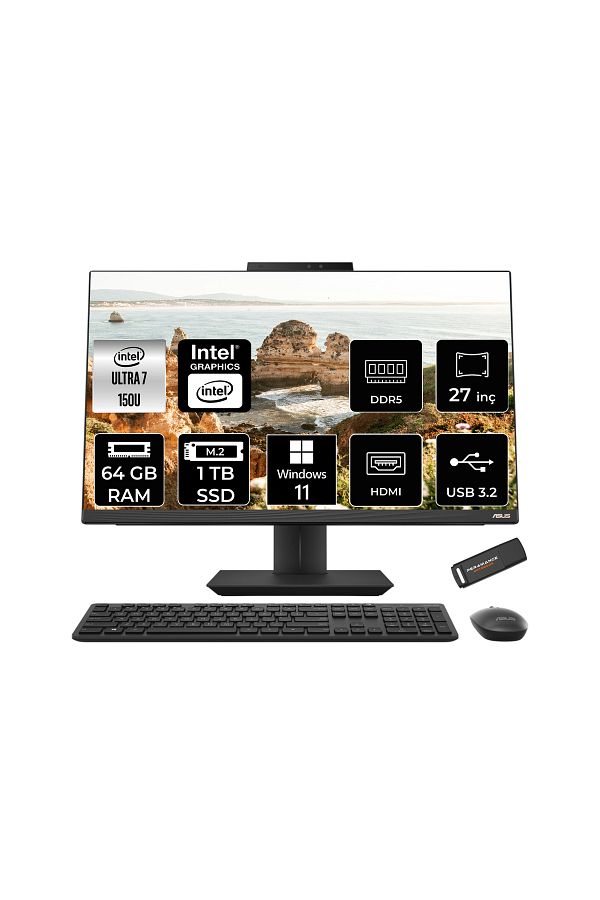 ASUS A5702WVARK Ultra 7 150U 64GB DDR5 1TB SSD Intel Graphics 27" FHD W11P Siyah All in One & PER4