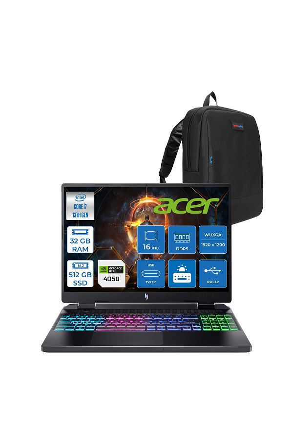 ACER nitro AN16 I7 13620H 32GB 512GB SSD 6GB/RTX4050 16'' Wuxga IPS 165Hz FDOS NHQJMEY007F07+ZETTAÇANTA