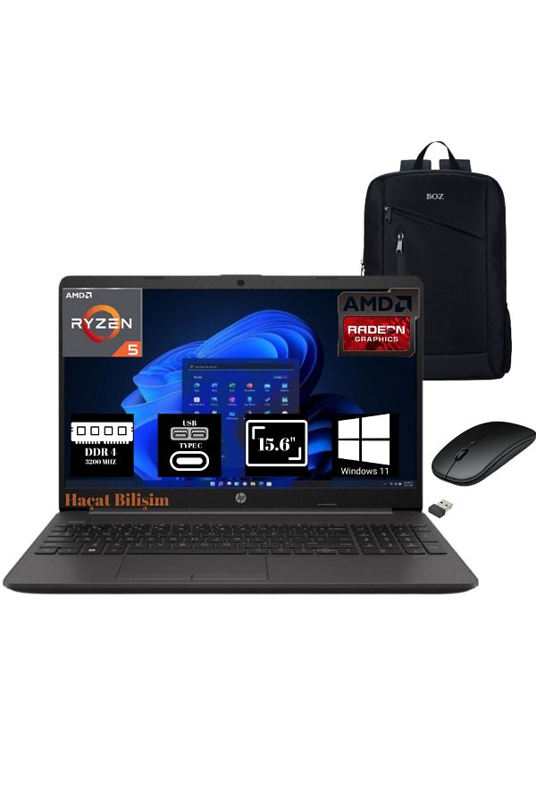 HP 255 G9 Amd Ryzen 5 5625u 32gb 256gb Ssd 15.6" Fhd W11 Taşınabilir Bilgisayar + Boz Çanta , Mouse