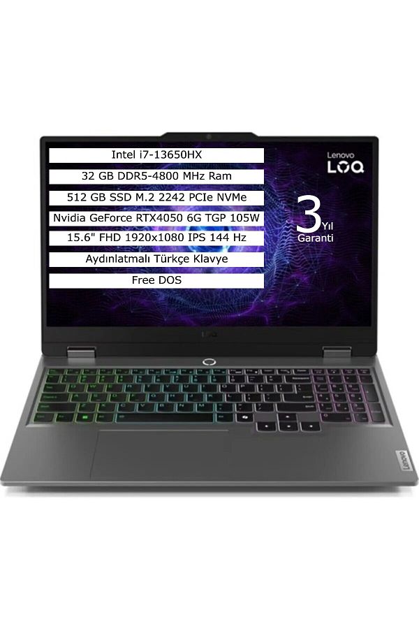 LENOVO Loq 15IRX9 Intel Core I7 13650HX 32GB 512GB SSD 6GB RTX4050 Fdos 15.6" Notebook 83DV0119TR