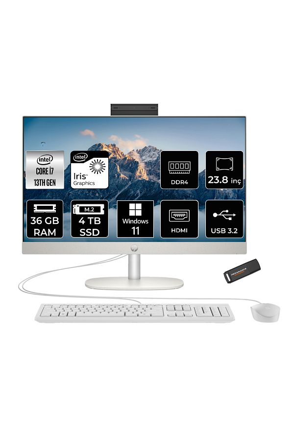 HP ProOne 240 G10 i7 1355U 36GB 4TB SSD Iris Xe Graphics 23.8" FHD W11H All In One PC Beyaz & PER4