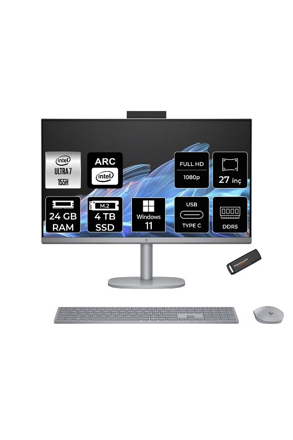 HP OmniStudio Ultra 7 155H 24GB DDR5 4TB SSD Arc Graphics 27" FHD W11P All in One & PER4 Bellek
