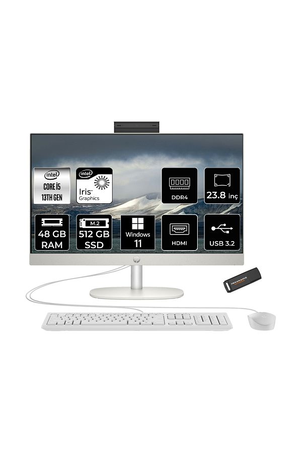 HP ProOne 240 G10 i5 1335U 48GB 512GB SSD Iris Xe Graphics 23.8" FHD W11H All In One PC Beyaz & PER4