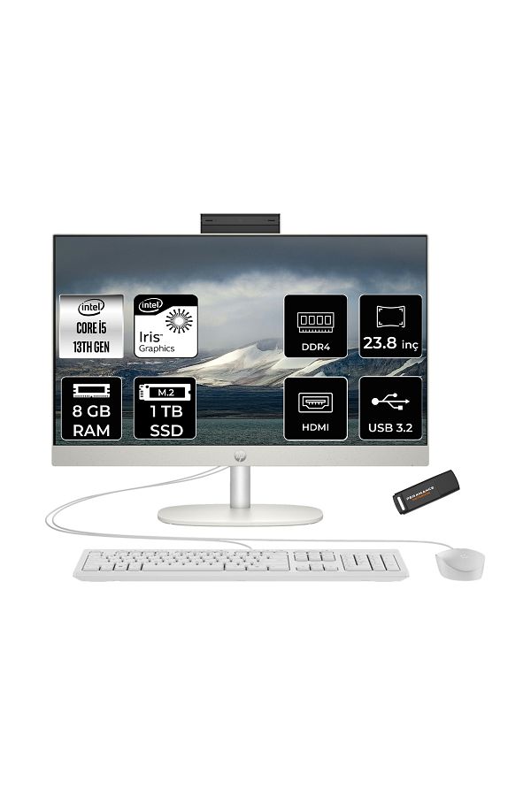 HP ProOne 240 G10 i5 1335U 8GB 1TB SSD Iris Xe Graphics 23.8" FHD FDOS All In One PC Beyaz & PER4