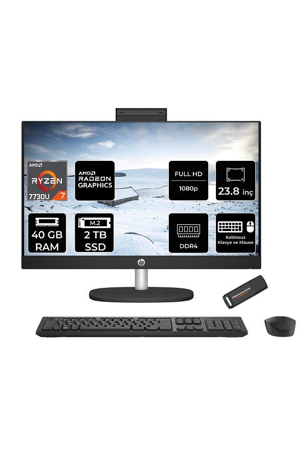 HP 24-CR0013NT R7 7730U 40GB 2TB SSD Radeon Graphics 23.8" FHD IPS FDOS All In One PC Siyah & PER4