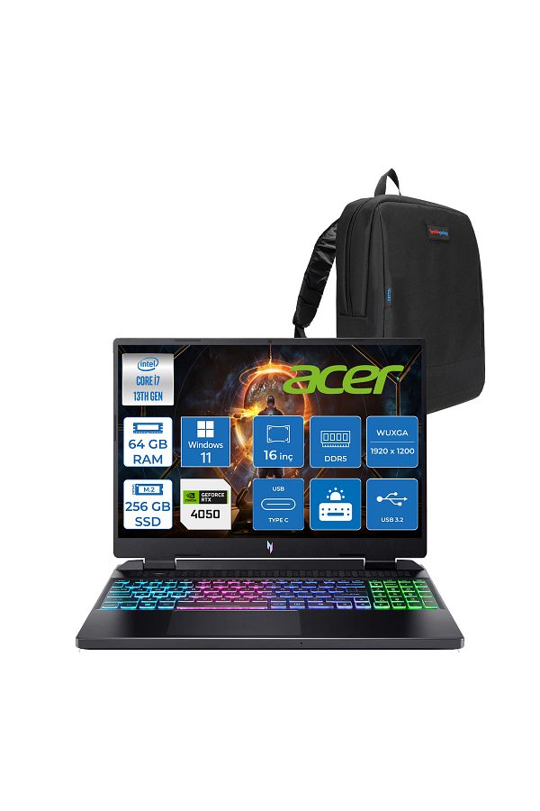 ACER nitro I7 13620H 64GB 256GB SSD 6GB/RTX4050 16'' Wuxga IPS 165Hz W11HOME NHQJMEY007H16+ZETTAÇANTA