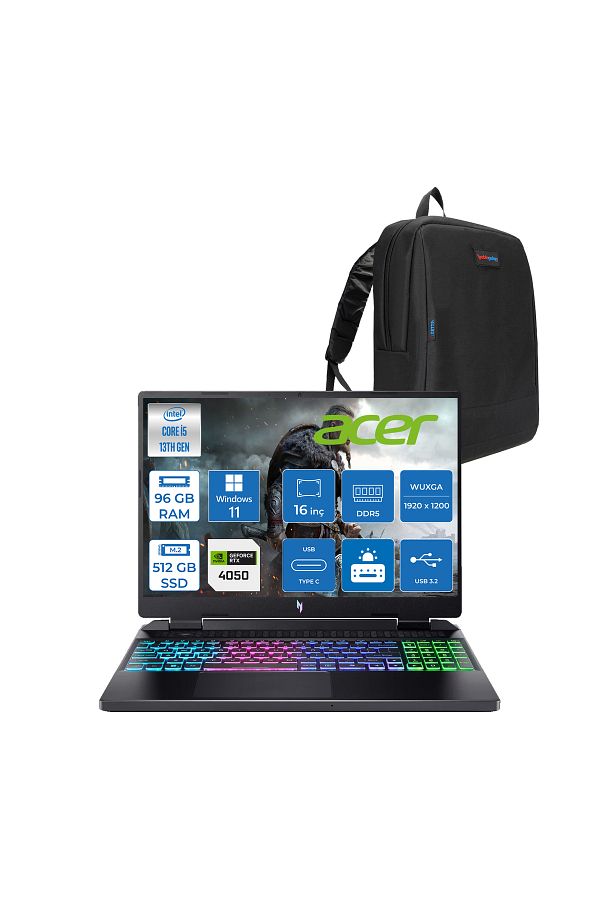 ACER nitro AN16 İ5-13420H 96GB 512GB SSD 6GB/RTX4050 16'' Wuxga IPS 165Hz W11PRO NHQJMEY005W27+ZETTAÇANTA