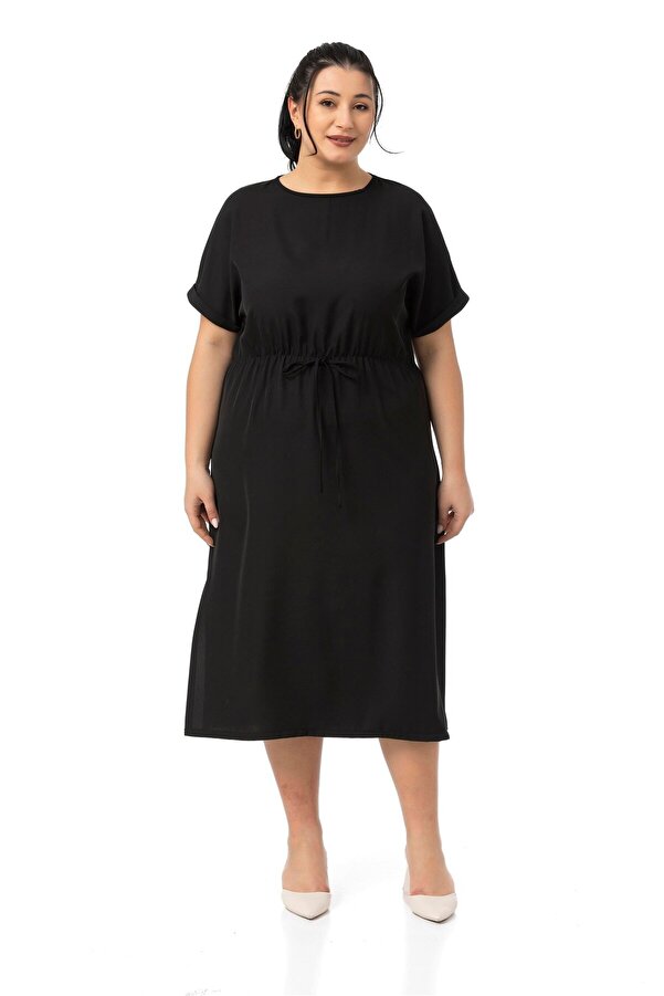 Elastic-waist Turn-up Batwing-sleeve Side-slit Midi Dress — Black
