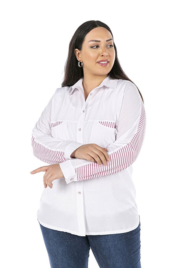Batwing-sleeve Chest Patch-pocket Stripe Plain Kombinli Shirt — Fuchsia
