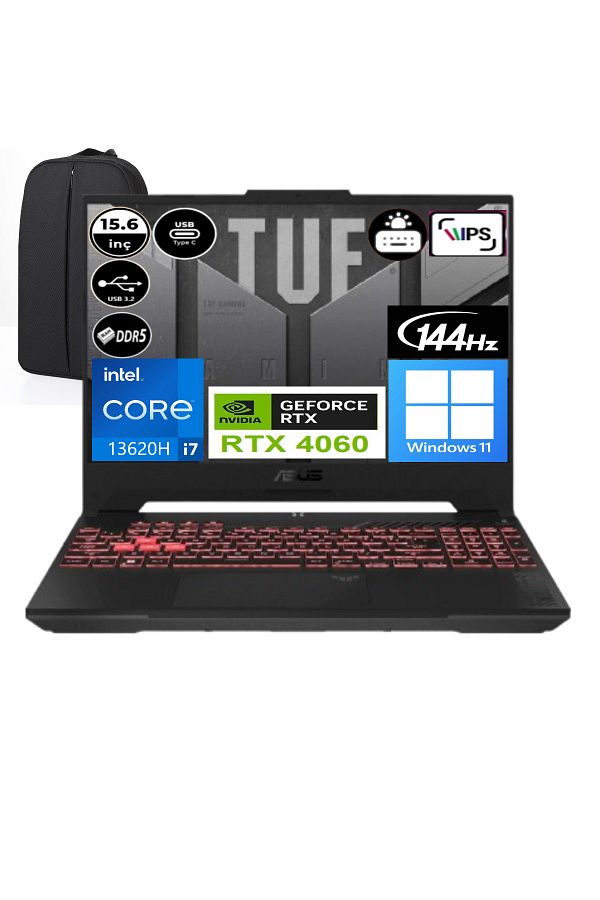 ASUS TUF F15 FX507VV-LP243 i7-13620H 16 GB RAM 512 GB SSD Win11 Pro RTX4060 15.6" FHD + EP Çanta