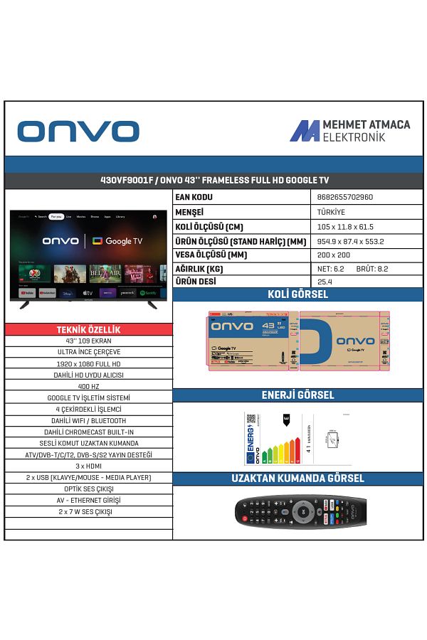 ONVO 43OVF9001F 43'' 109 Ekran Uydu Alıcılı Full HD Google LED TV - Görsel 2