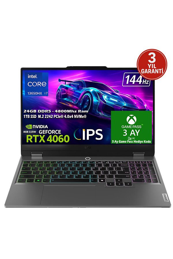 LENOVO Loq 15ırx9 Intel Core I7 13650hx 24gb 1tb Ssd Rtx 4060 115w 15.6" 144hz Fhd Ips Freedos 83dv011gtrt2