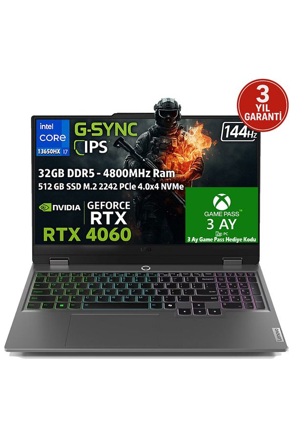LENOVO LOQ 15IRX9 Intel Core i7-13650HX 32GB 512GB SSD 8GB GeForce RTX4060 15.6" FHD IPS Freedos 83DV011ETR