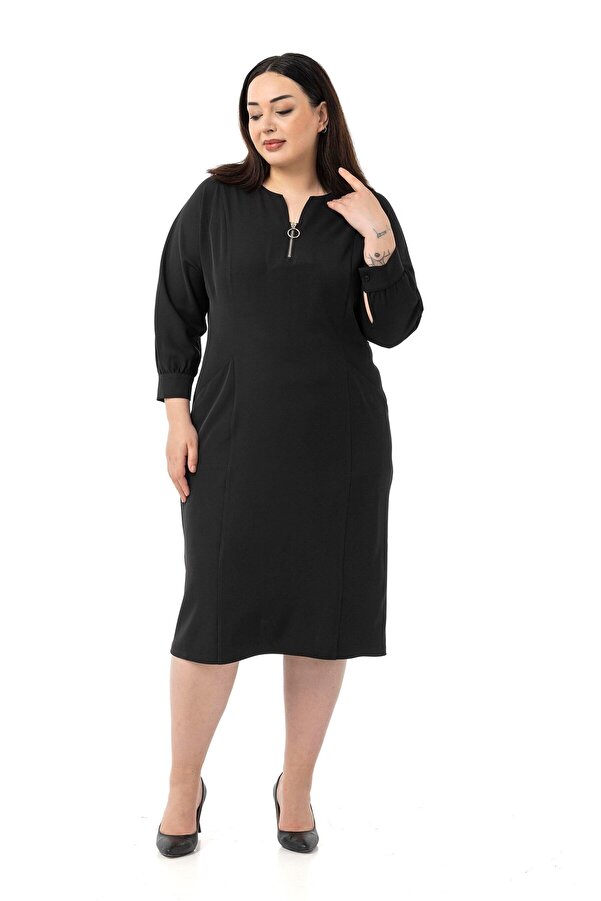 Collar Zip-detail Patch-pocket 3/4 Sleeve Midi Dress — Black
