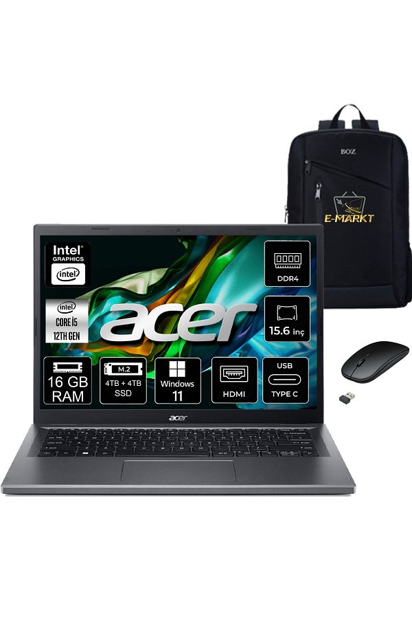 ACER Aspire 5 Intel Core i5-12450H 16GB 4TB+4TB SSD 15.6'' W11 Dizüstü Bilgisayar+Boz Çanta,Mouse
