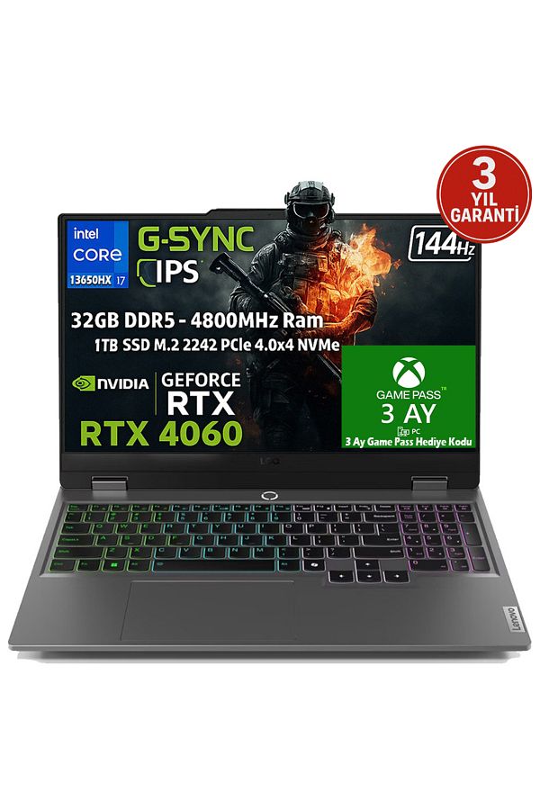 LENOVO LOQ 15IRX9 Intel Core i7 13650HX 32GB 1TB SSD RTX 4060 (115W) 15.6" 144Hz FHD IPS Fdos 83DV011ETRN1