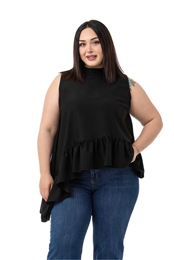 Asymmetric Cut Hem Frilled Half High Neck Blouse — Black