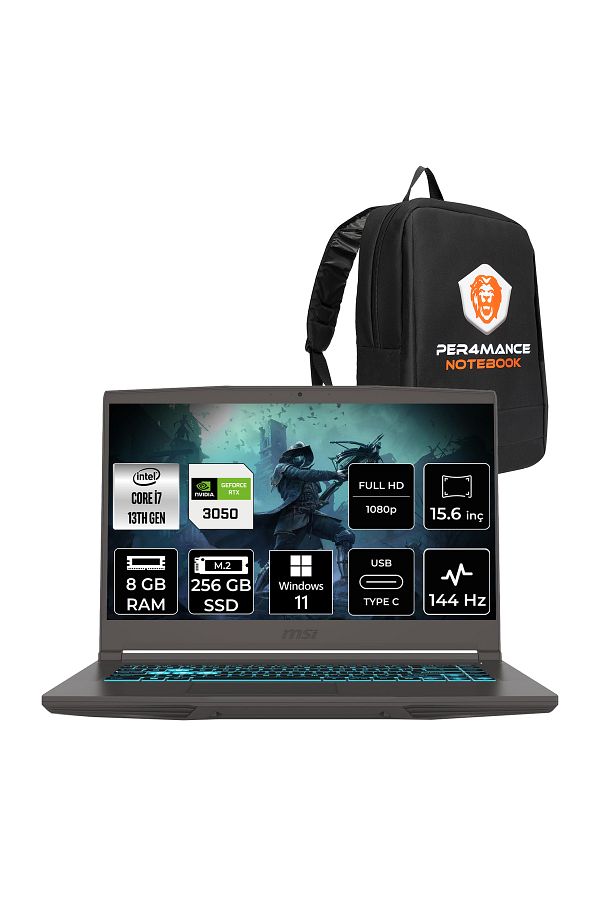 MSI Thin 15 i7 13620H 8GB 256GB SSD RTX3050/4GB 15.6" FHD 144HZ W11P Gaming Laptop & PER4 ÇANTA