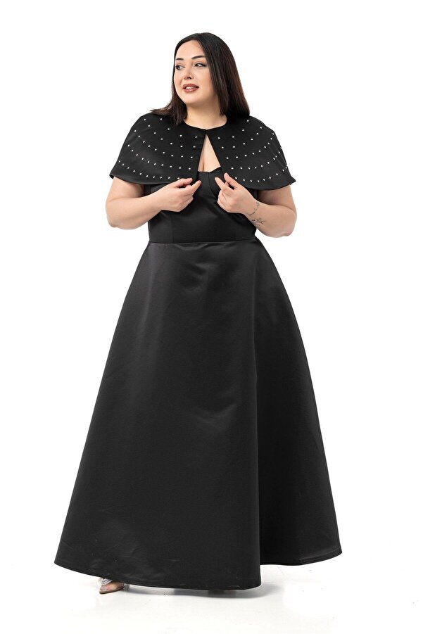 Back Low-cut Short Pelerinli Evening Dress &mdash; Black