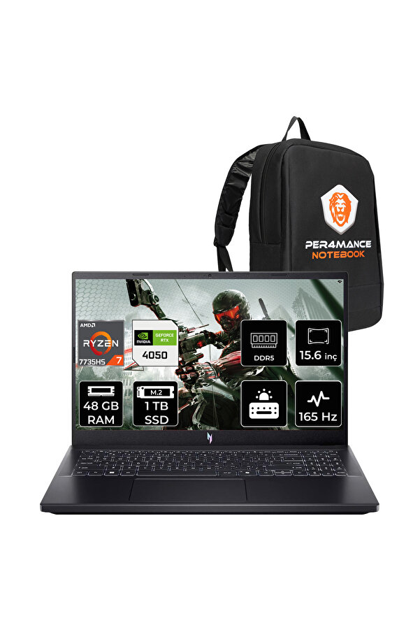 ACER Nitro V15 R7 7735HS 48GB 1TB SSD RTX4050/6GB 75W 15.6'' FHD 165Hz FDOS Gaming Laptop & ÇANTA